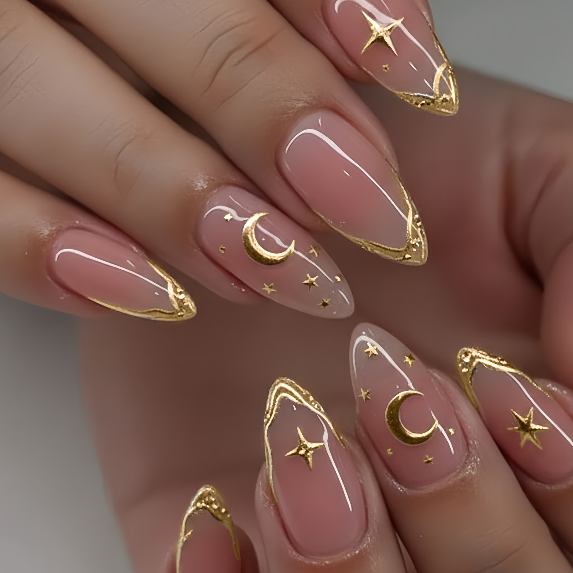 30Pcs Moon Star Press On Nails, Nude Almond False Nails with Gold Glitter French Tips, Reusable Glossy Fake Nails, Celestial Ins Style Stick On Nails for Women