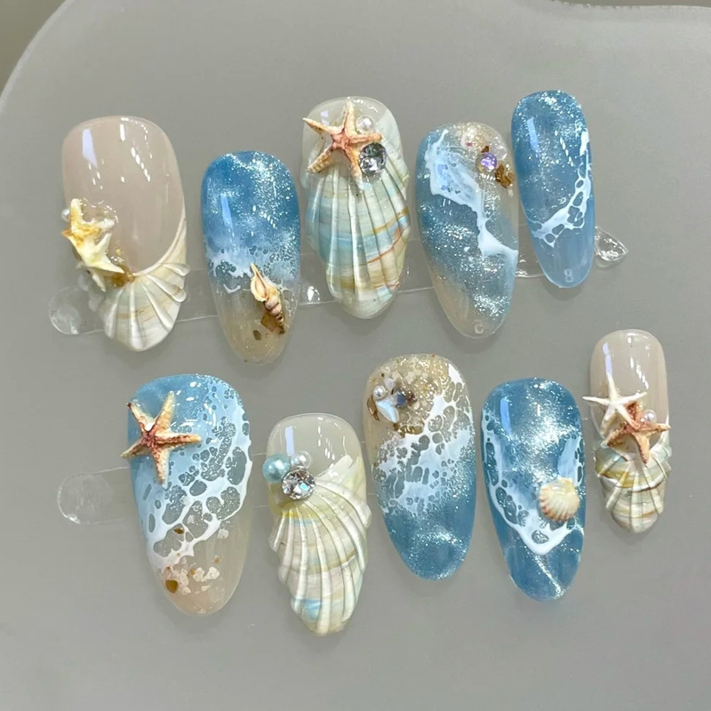 30 Pcs Beach Press On Nails - Medium Almond, 3D Starfish & Seashell Design, Ocean Wave Blue Fake Nails with Adhesive Tabs & Nail File, Reusable Summer Acrylic Nail Tips for Women
