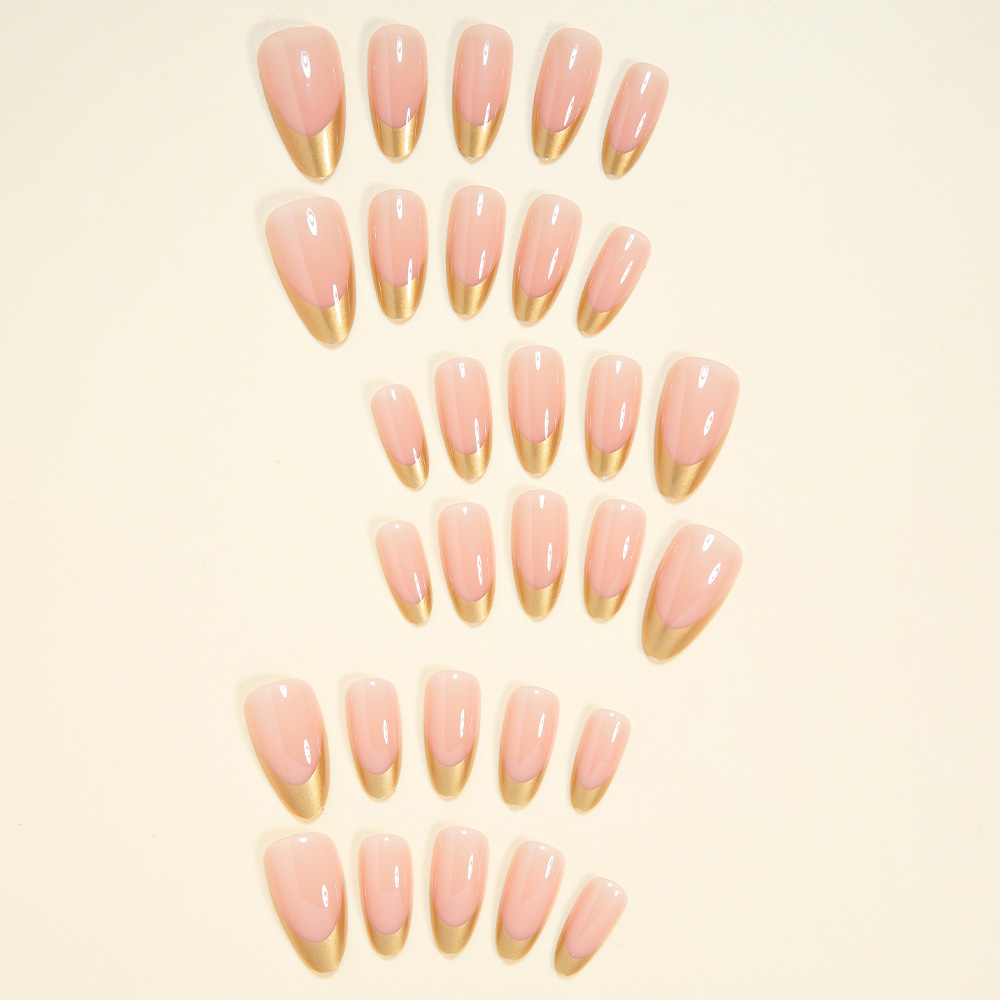 24Pcs Almond Press On Nails, Gold Metallic French Tip Fake Nails, Nude Glossy False Nails, Reusable Full Cover Stick On Nails for Women Daily & Party Manicure