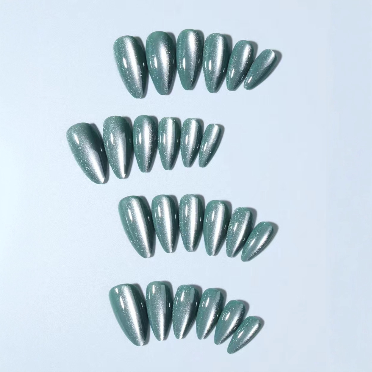 24Pcs Cyan Cat Eye Press On Nails, Ice Transparent Almond Fake Nails, Shimmer Glass Bead Effect False Nails, Reusable Glossy Stick On Nails for Women