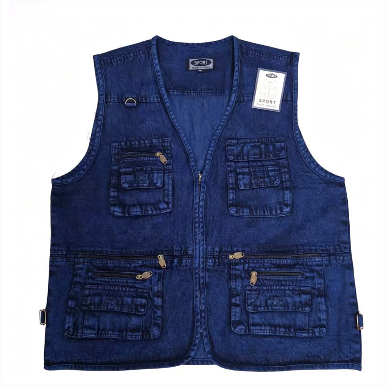 Men's Denim Multi-Pocket Vest, Casual Outdoor Work Sleeveless Jacket, Utility Travel Photography Fishing Vest with 13 Pockets, Vintage Washed Style Bullet Points: