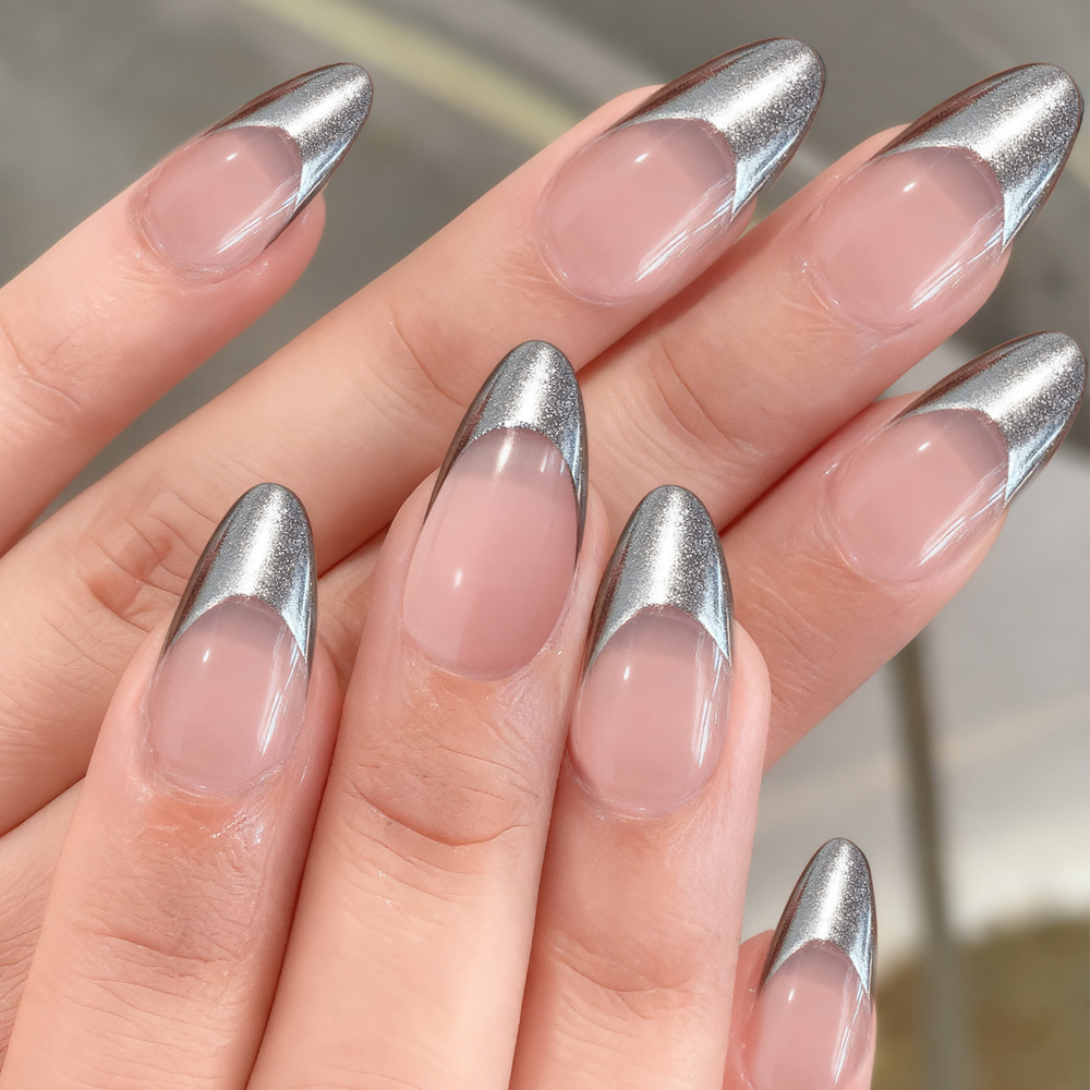 30Pcs Silver Metallic French Tip Press On Nails, Nude Almond Fake Nails, Glossy Reusable False Nails, Full Cover Stick On Nails for Women, 30Pcs