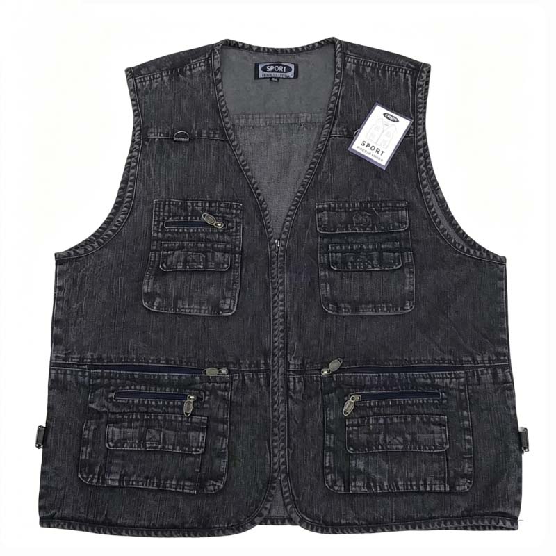 Men's Denim Multi-Pocket Vest, Casual Outdoor Work Sleeveless Jacket, Utility Travel Photography Fishing Vest with 13 Pockets, Vintage Washed Style Bullet Points: