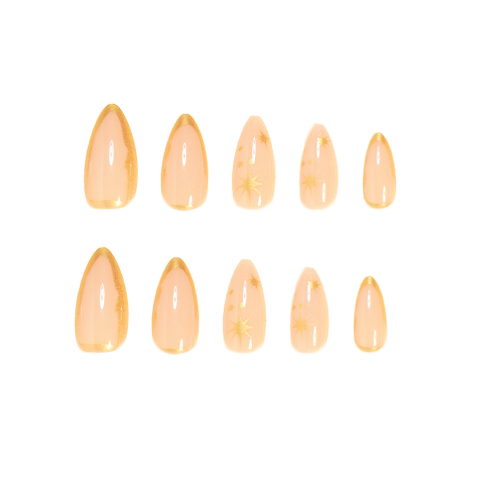 24Pcs Gold French Tip Press On Nails, Nude Almond Short Fake Nails with Starburst Design, Glossy Reusable False Nails for Women, European American Styl