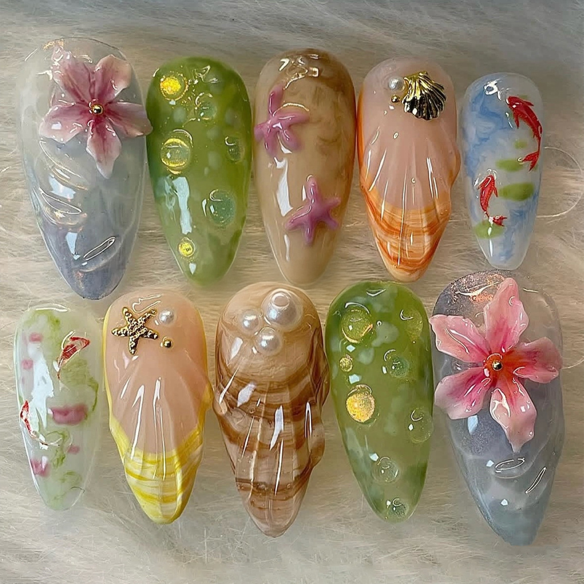 30 Pcs Summer Ocean Press On Nails - Medium Almond, 3D Carved Hibiscus, Seashell & Starfish Fake Nails with Adhesive Tabs & Nail File, Reusable Glossy Acrylic Nail Tips for Women