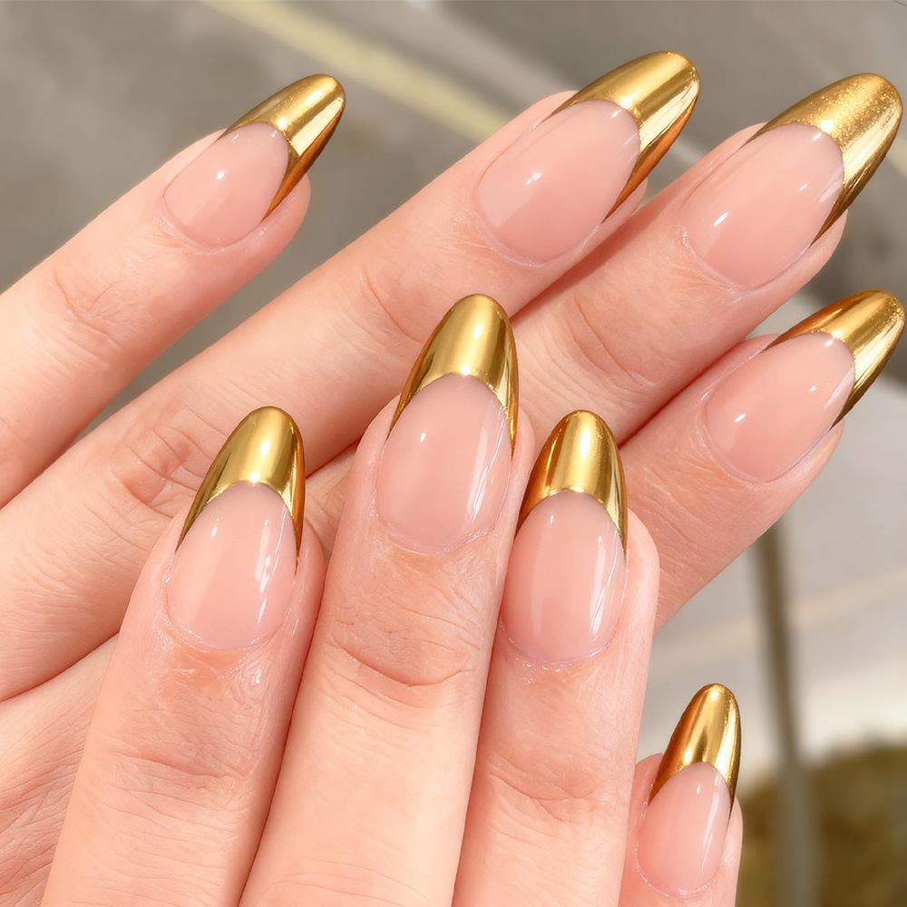 24Pcs Almond Press On Nails, Gold Metallic French Tip Fake Nails, Nude Glossy False Nails, Reusable Full Cover Stick On Nails for Women Daily & Party Manicure