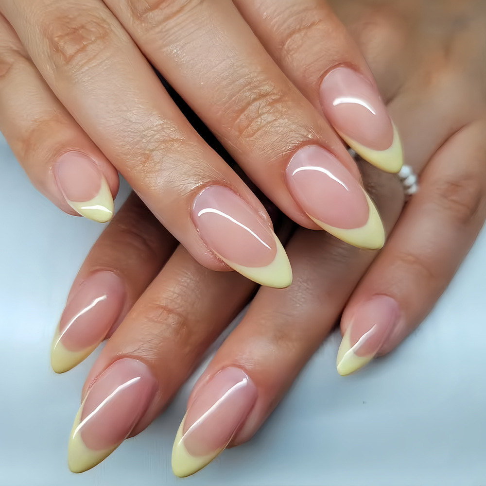 24pcs Almond Press On Nails, Yellow French Tip Fake Nails, Nude Glossy False Nails, Reusable Full Cover Stick On Nails for Women Daily Manicure, 24Pcs 