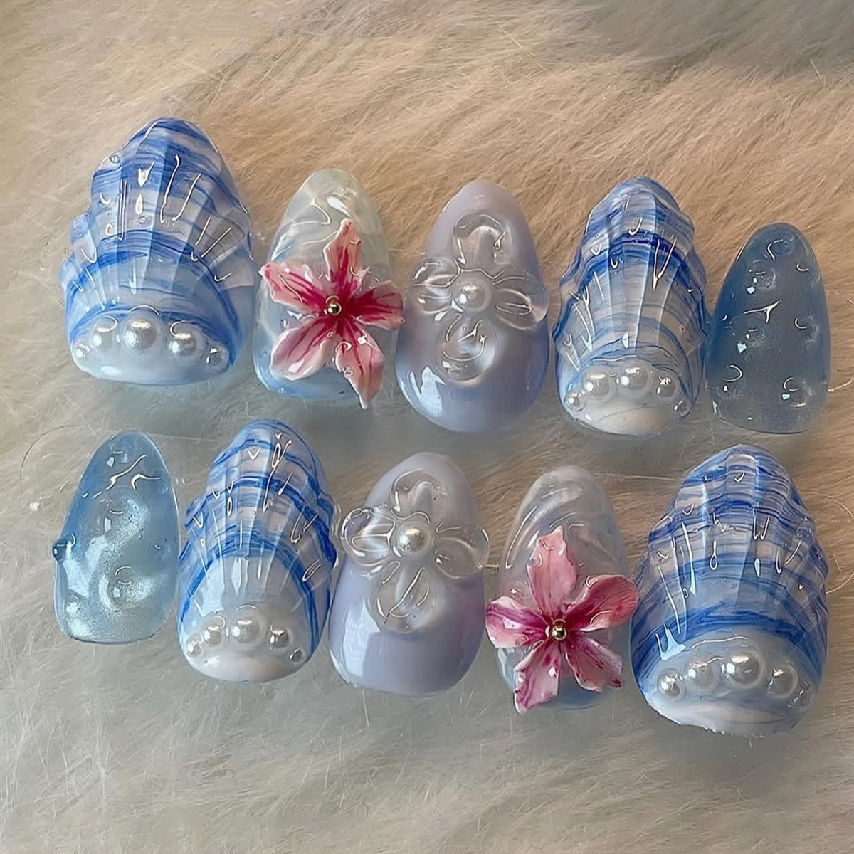 30 Pcs Ice Blue Gradient Press On Nails - Medium Almond, 3D Embossed Flower & Seashell Fake Nails with Pearl Accents, Reusable Glossy Acrylic Nail Tips for Women