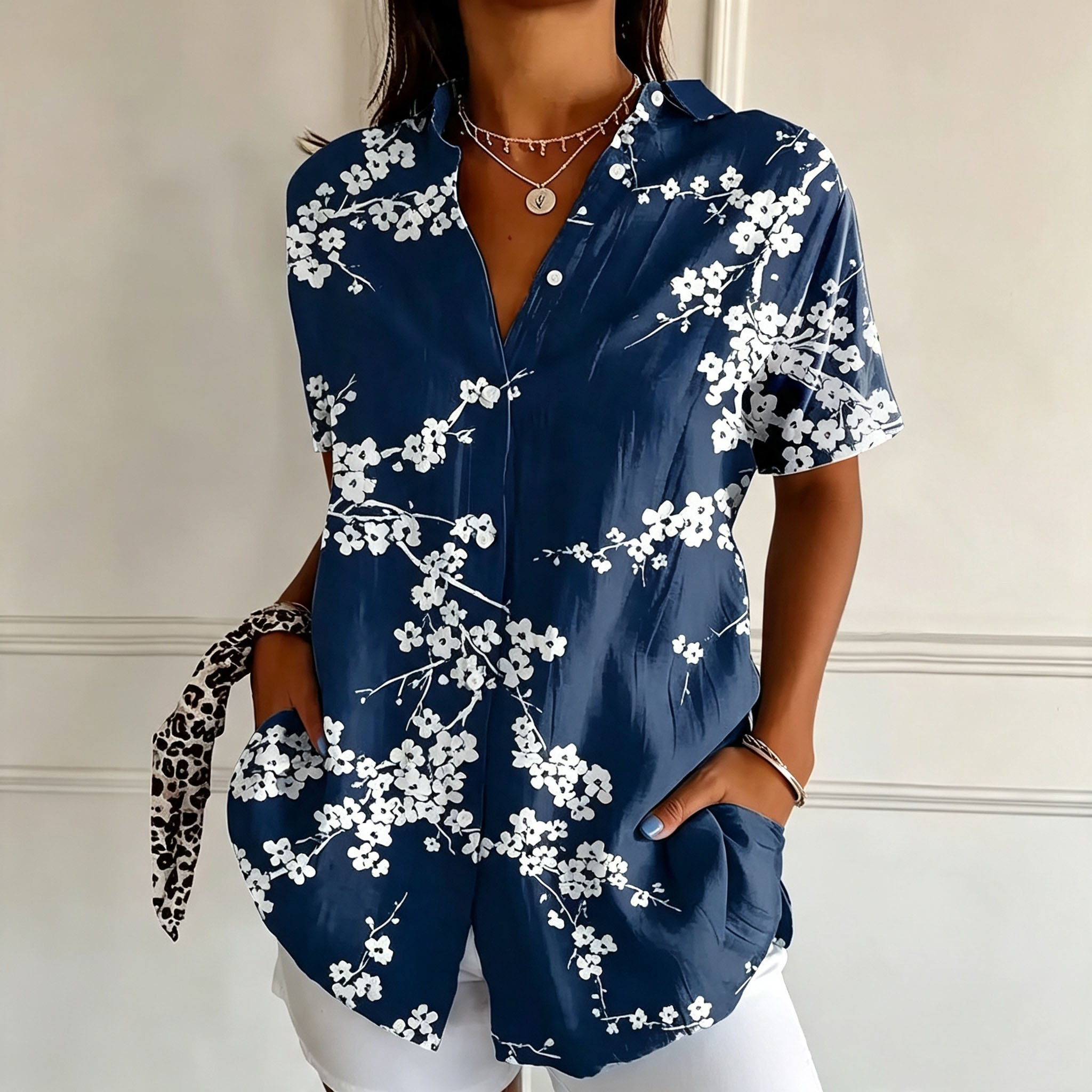 Women's Blue Floral Print Button Down Shirt – Elegant Botanical Short Sleeve Blouse with Lightweight Polyester Fabric