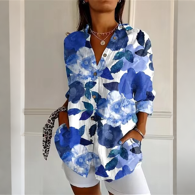 Women’s Blue Floral Print Button Down Shirt Watercolor Flower Blouse Long Sleeve Casual Loose Fit Top Lightweight Elegant Vacation Shirt