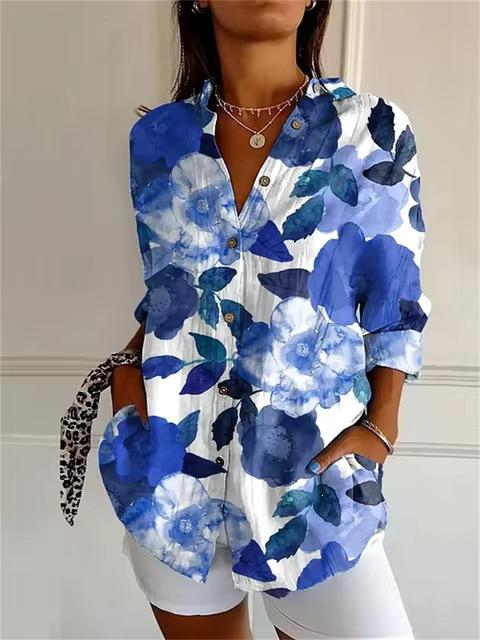 Women’s Blue Floral Print Button Down Shirt Watercolor Flower Blouse Long Sleeve Casual Loose Fit Top Lightweight Elegant Vacation Shirt