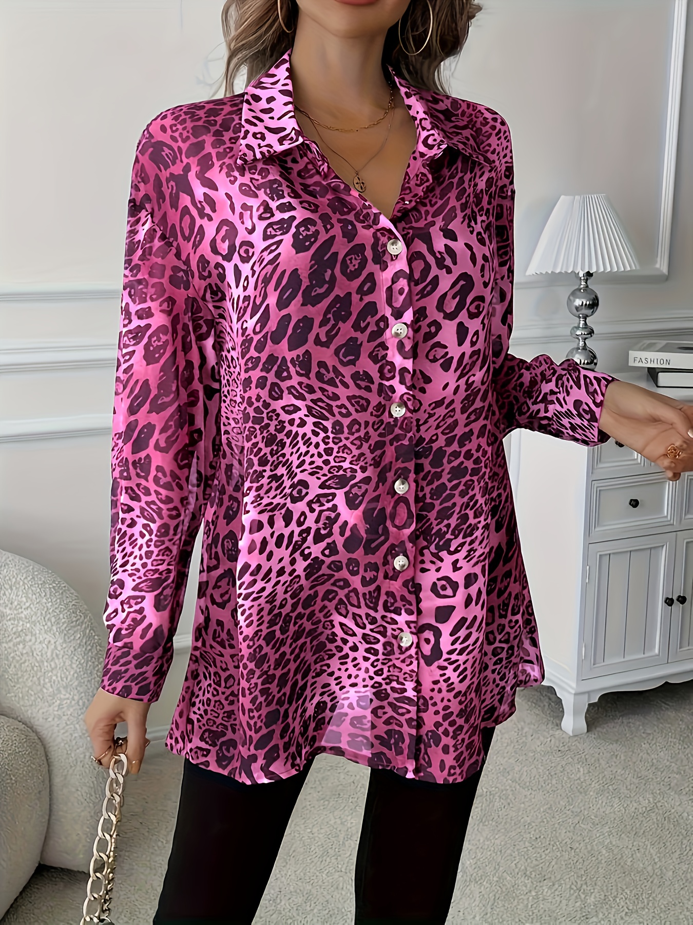 Women's Elegant Purple Leopard Print Blouse - Button-Front Blouse Shirt with Classic Collar, Non-Sticky Button Closure Long Sleeve Top for Office, Party, Everyday - Machine Washable Women's Clothing-gemscharms
