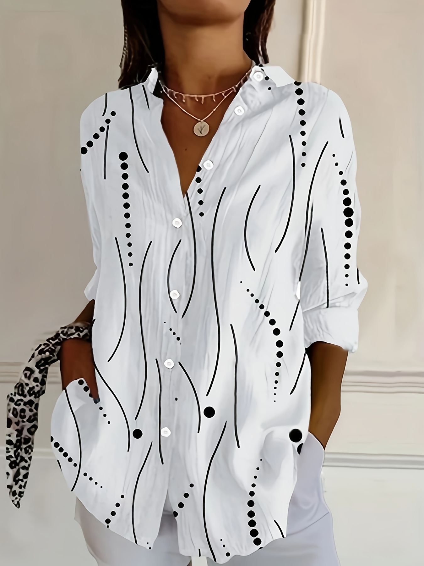 Women's Loose Fit Long Sleeve Shirts, Abstract Curve Stripe Dot Print Button‑Down Blouse , Casual Daily Tunic Tops-gemscharms