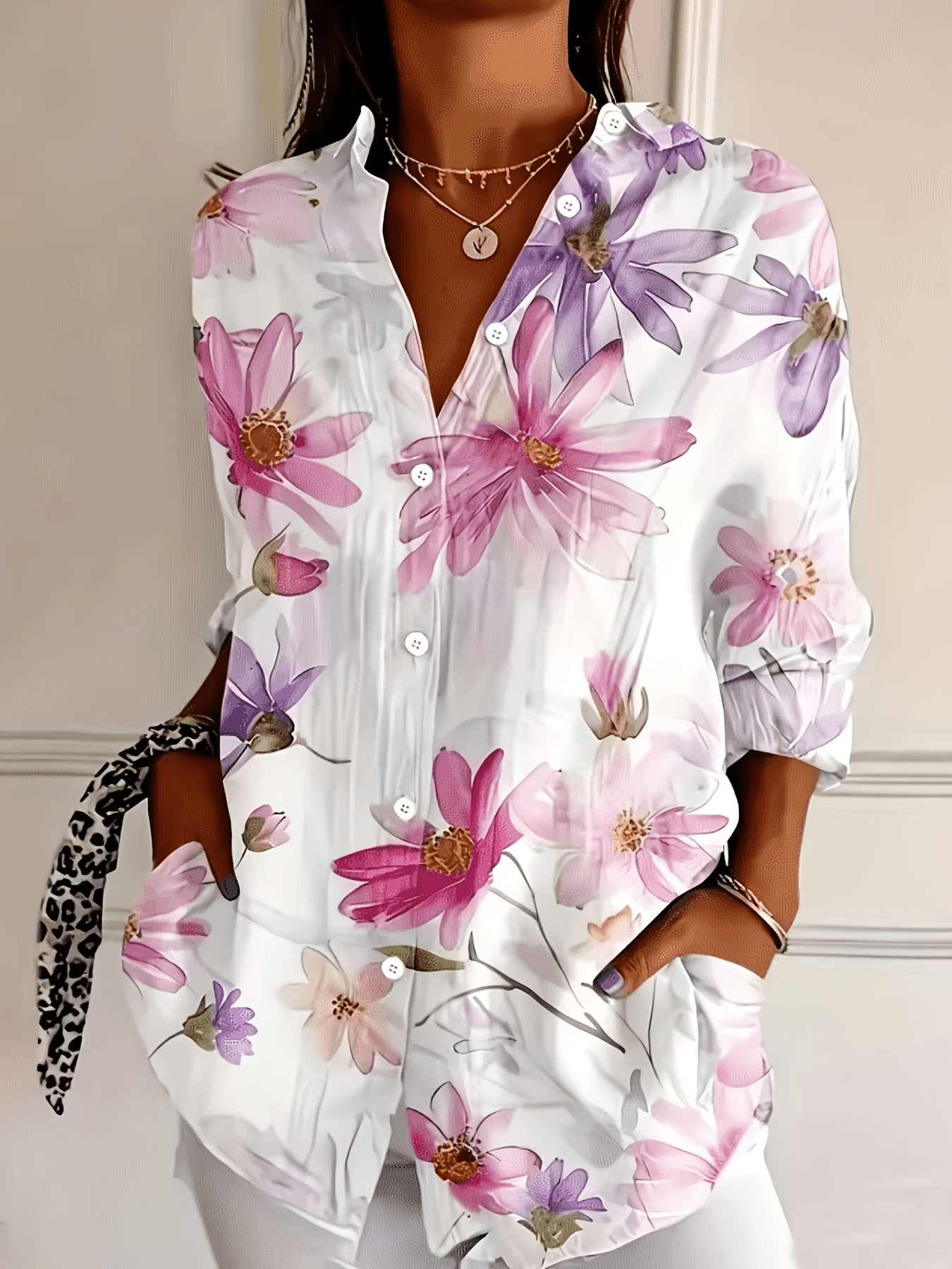 Women’s Floral Print Button Down Shirt Pink Flower Blouse Long Sleeve Casual Loose Fit Top Lightweight Elegant Vacation Shirt