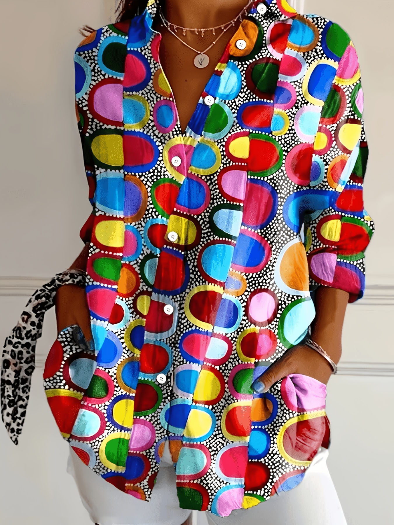 Women’s Colorful Abstract Print Button Down Shirt Short Sleeve Blouse Casual Loose Fit Top Lightweight Artistic Vacation Shirt