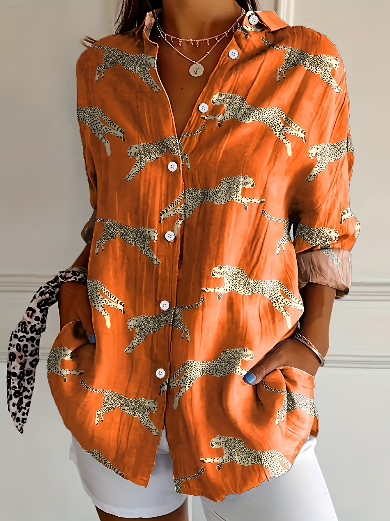 Women Loose Button‑Down Shirts, Orange Running Cheetah Leopard Animal Print Long Sleeve Blouse , Casual Daily Tunic Tops-gemscharms