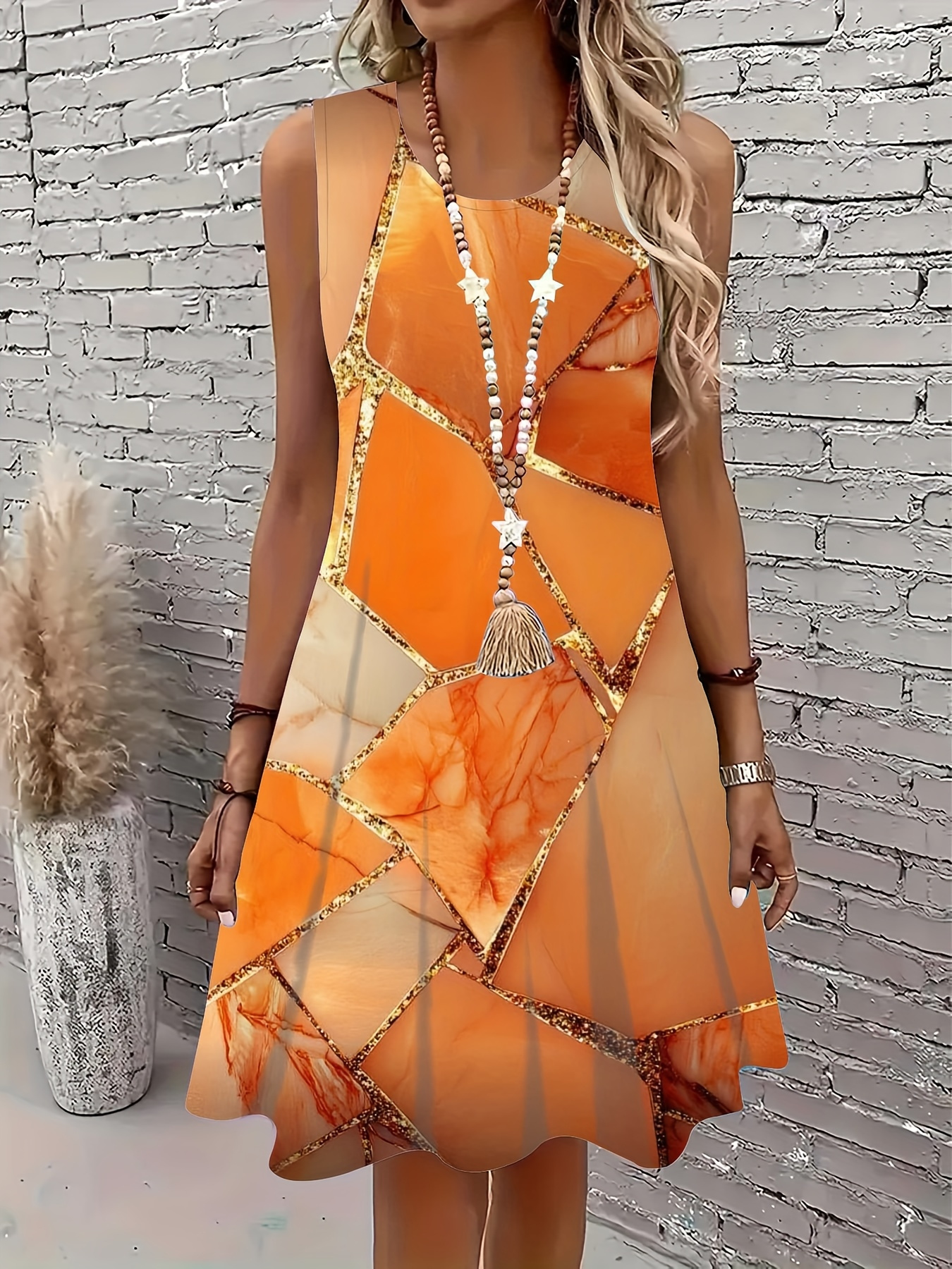 Women's Summer Sleeveless Mini Dress V Neck Marble Print A Line Swing Dress Elegant Casual Vacation Dress for Beach Party and Daily Wear