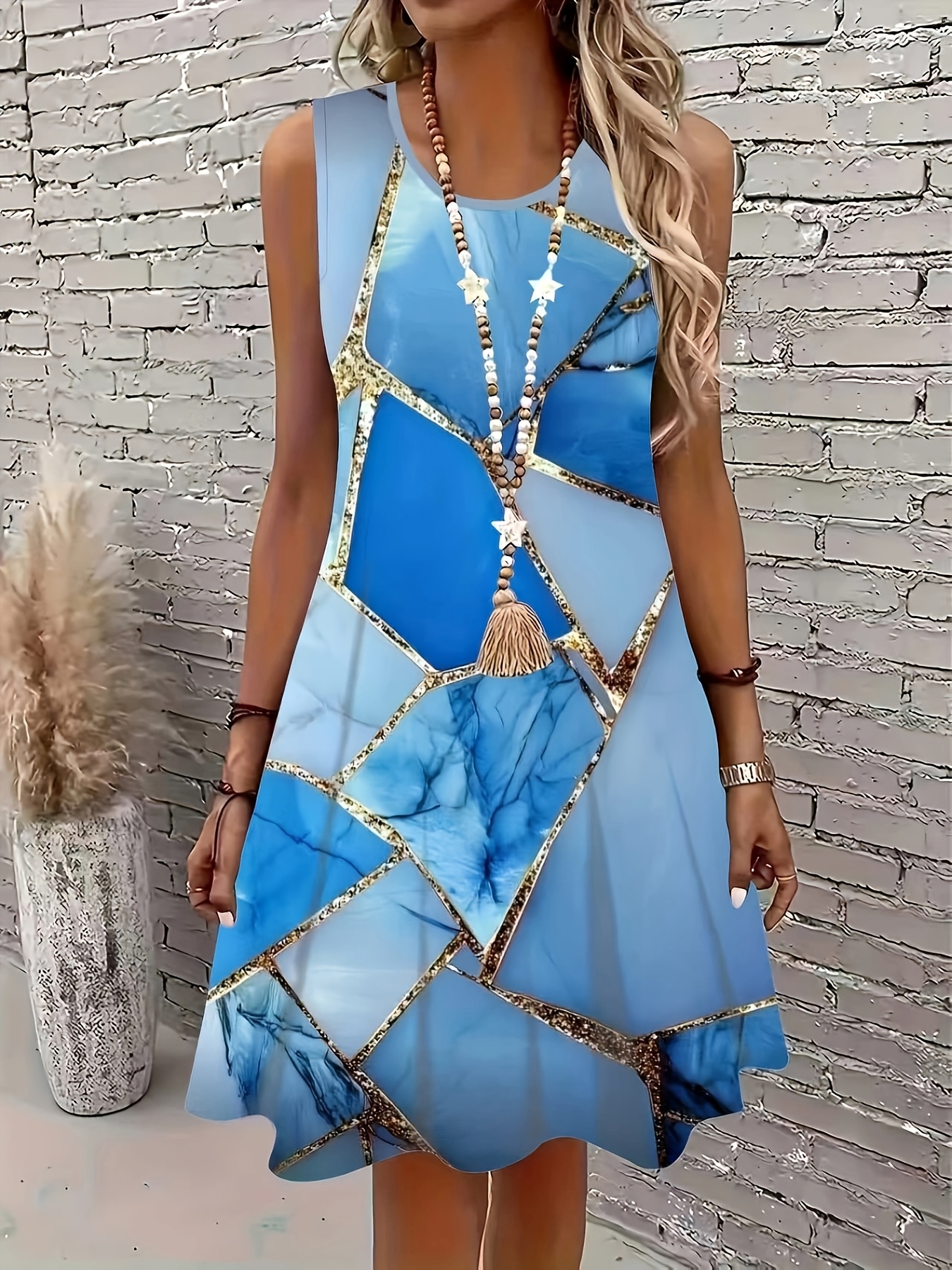 Women's Summer Sleeveless Mini Dress V Neck Marble Print A Line Swing Dress Elegant Casual Vacation Dress for Beach Party and Daily Wear