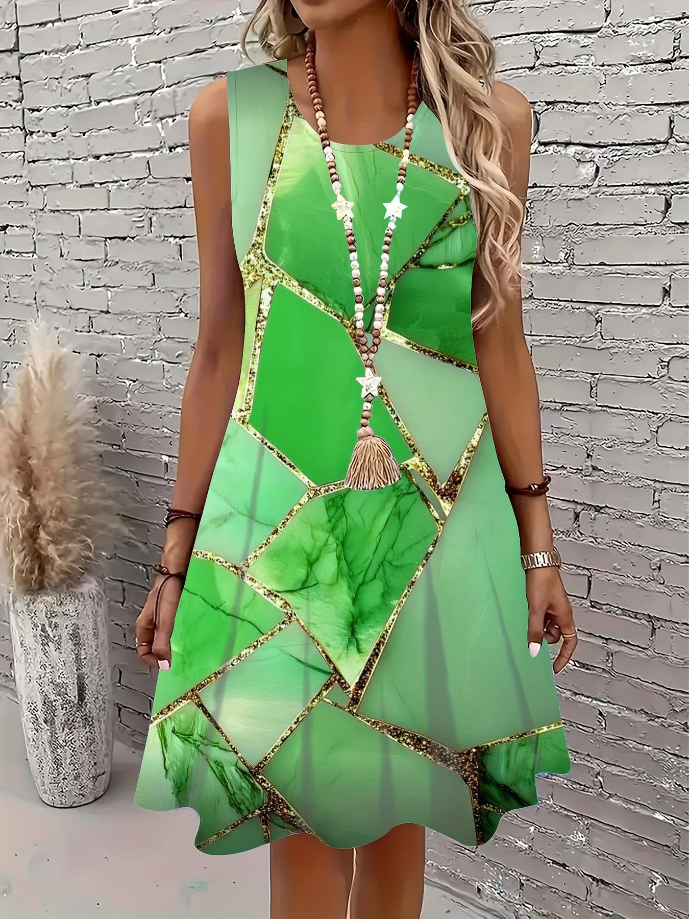 Women's Summer Sleeveless Mini Dress V Neck Marble Print A Line Swing Dress Elegant Casual Vacation Dress for Beach Party and Daily Wear