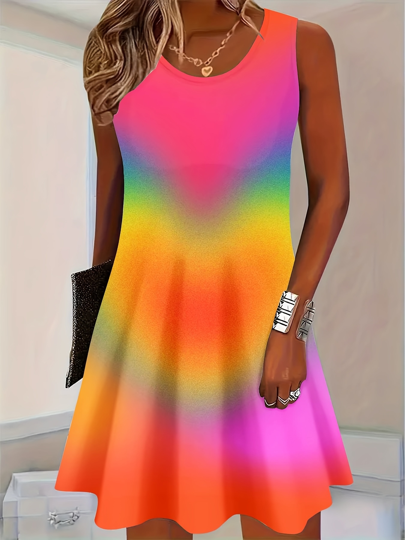 Women’s Rainbow Gradient Tank Dress – Sleeveless Casual A-Line Summer Dress with Pockets