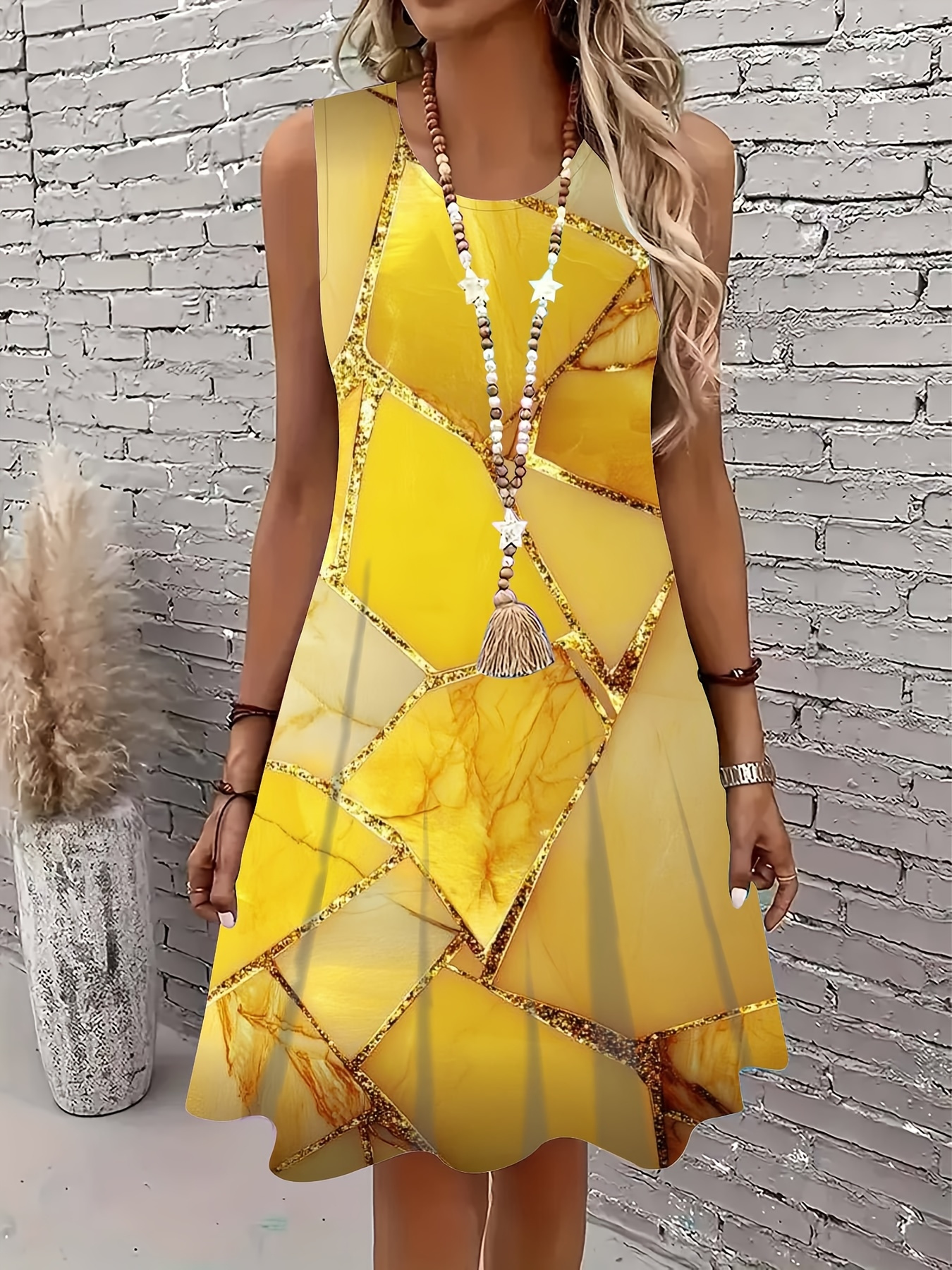 Women's Summer Sleeveless Mini Dress V Neck Marble Print A Line Swing Dress Elegant Casual Vacation Dress for Beach Party and Daily Wear
