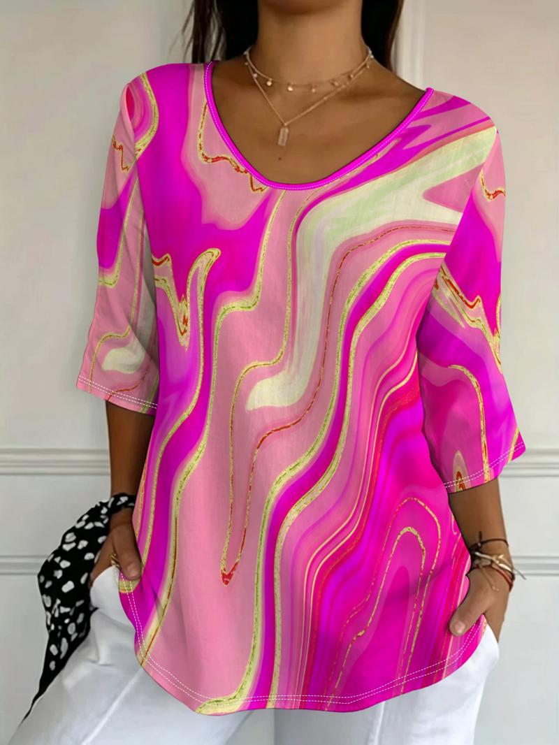 Women’s Abstract Print Short Sleeve Tops, Colorful Loose Fit Blouse Shirt with Artistic Wave Pattern, Casual Summer Tunic Top for Women, Vacation Beach Everyday Wear