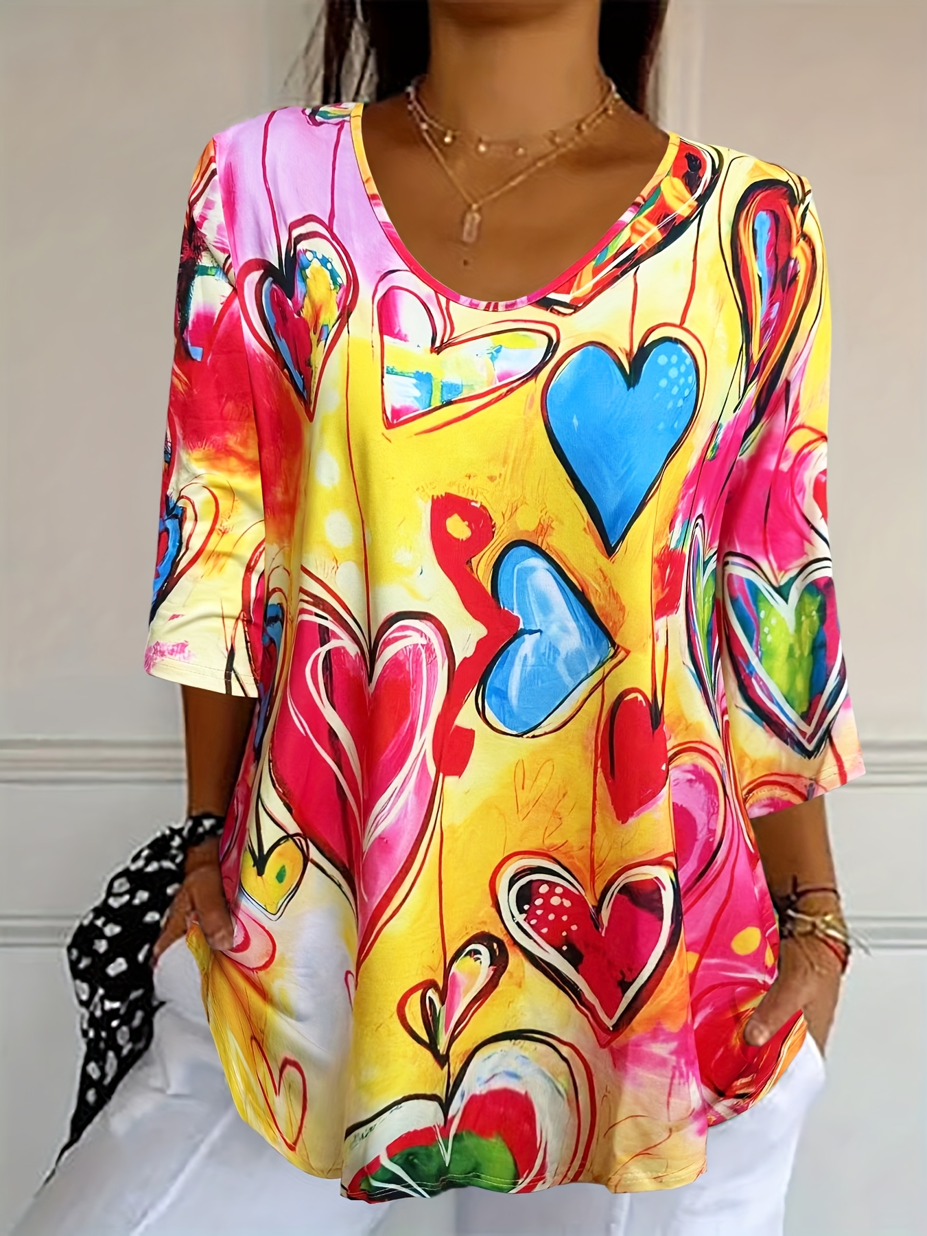 Women's Colorful Heart Print T Shirt, Short Sleeve Casual Blouse Tops, Abstract Graphic Loose Fit Summer Shirts, Artistic Printed Tees for Women Vacation Daily Wear-gemscharms