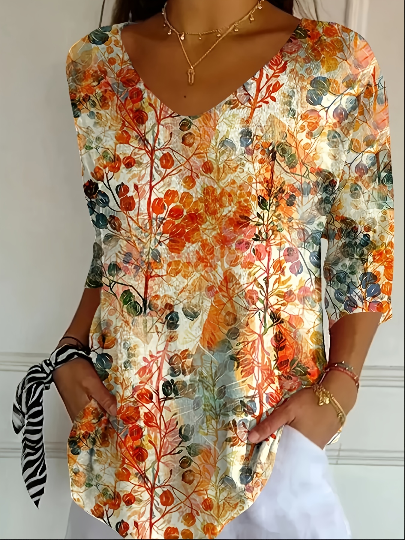 Women's Floral Printed Tunic Top – Casual Loose Fit Short Sleeve Blouse with Artistic Nature Pattern, Comfortable Summer Shirt for Daily Wear-gemscharms