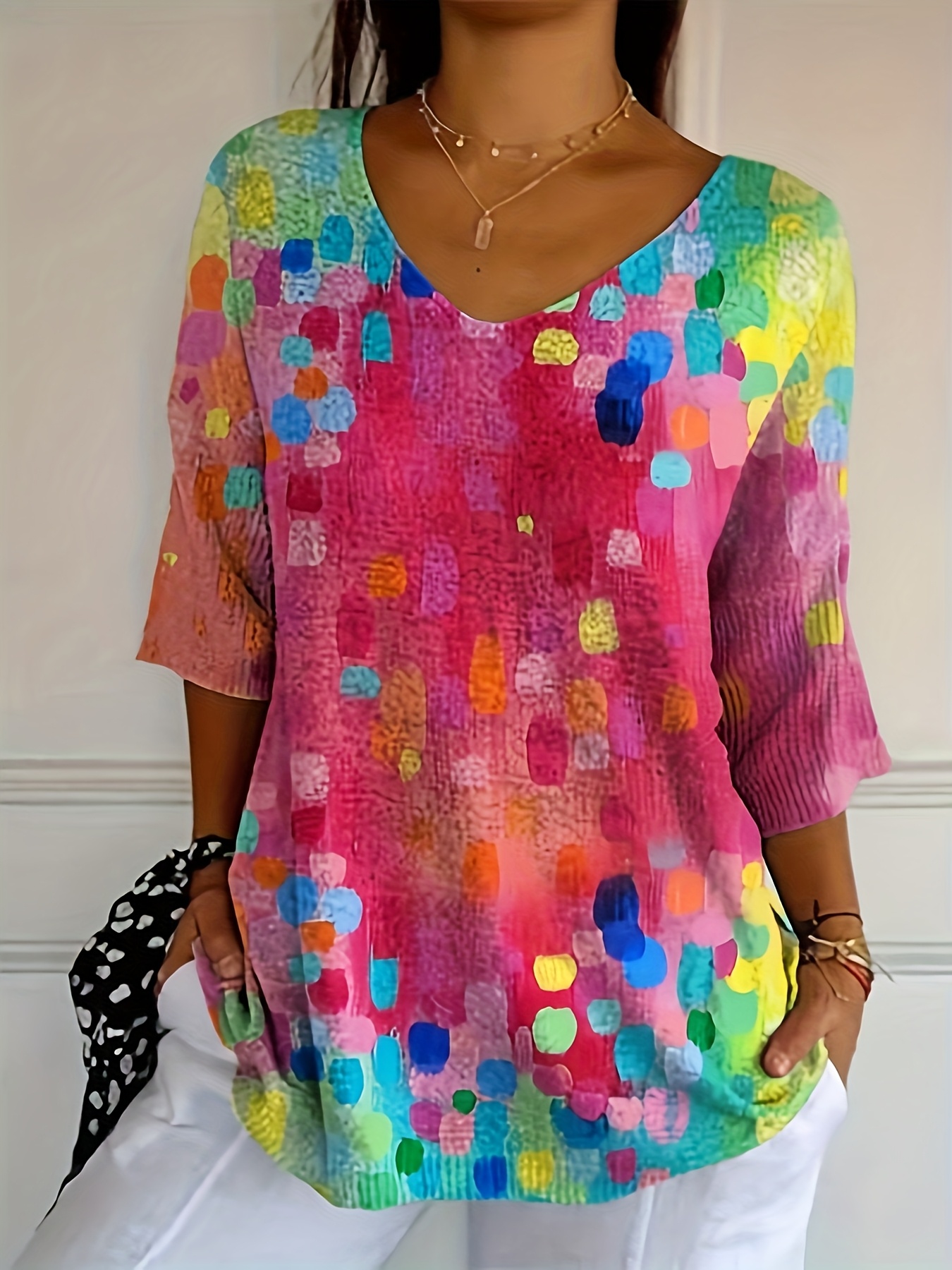 Women's Colorful Abstract Printed  Tops – Casual Loose Fit Blouse with Artistic Pattern for Summer Everyday Wear-gemscharms