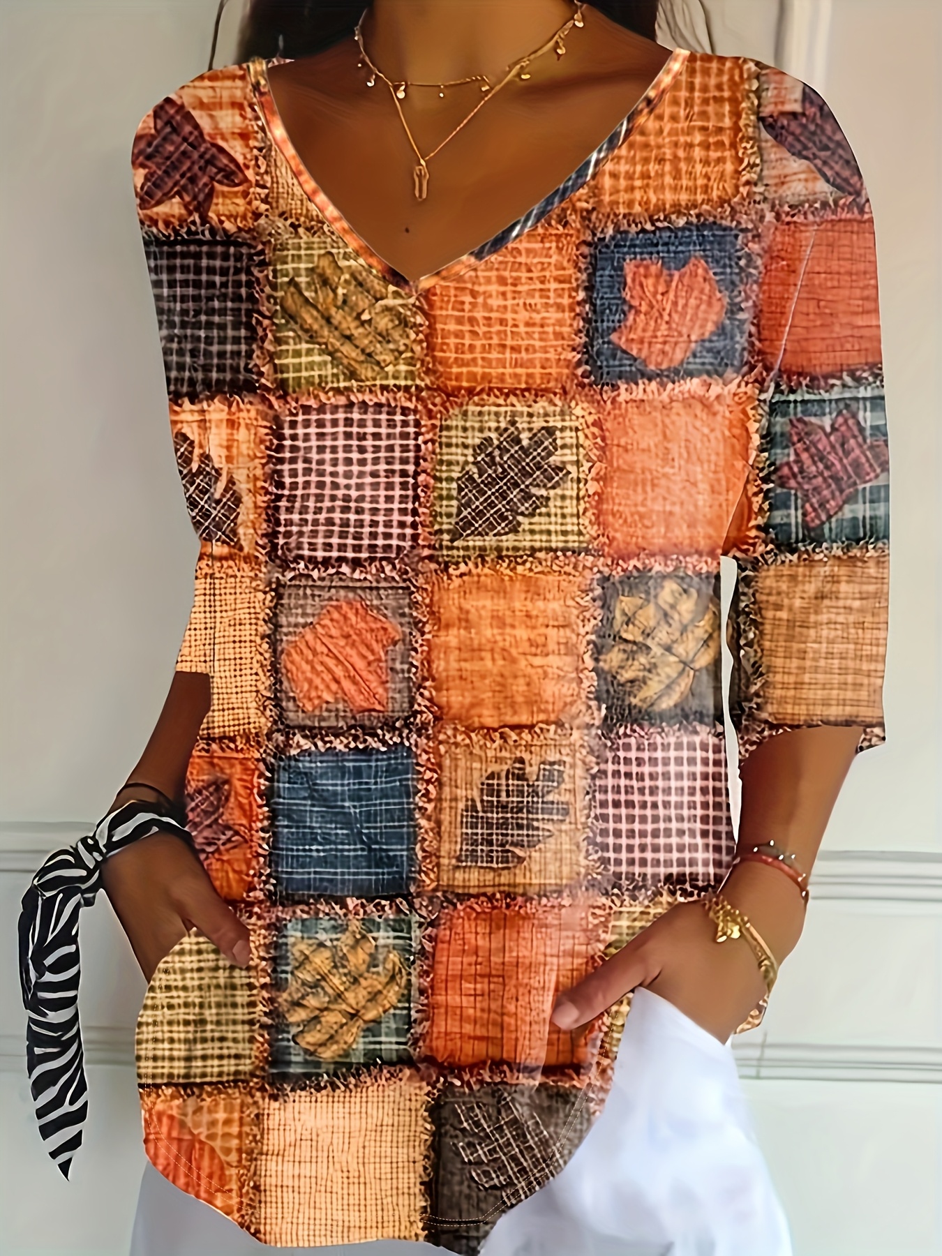 Women's Vintage Patchwork Printed  Tops – Retro Abstract Art Loose Fit Blouse Casual Summer Shirt-gemscharms