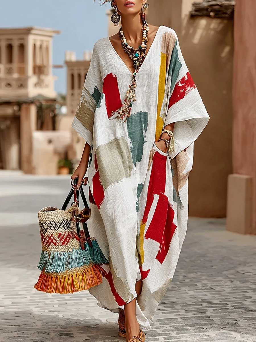 Women's Abstract Print Maxi Dress, Casual Loose Fit Bohemian Kaftan Dress, V Neck Short Sleeve Oversized Tunic Dress for Summer Vacation