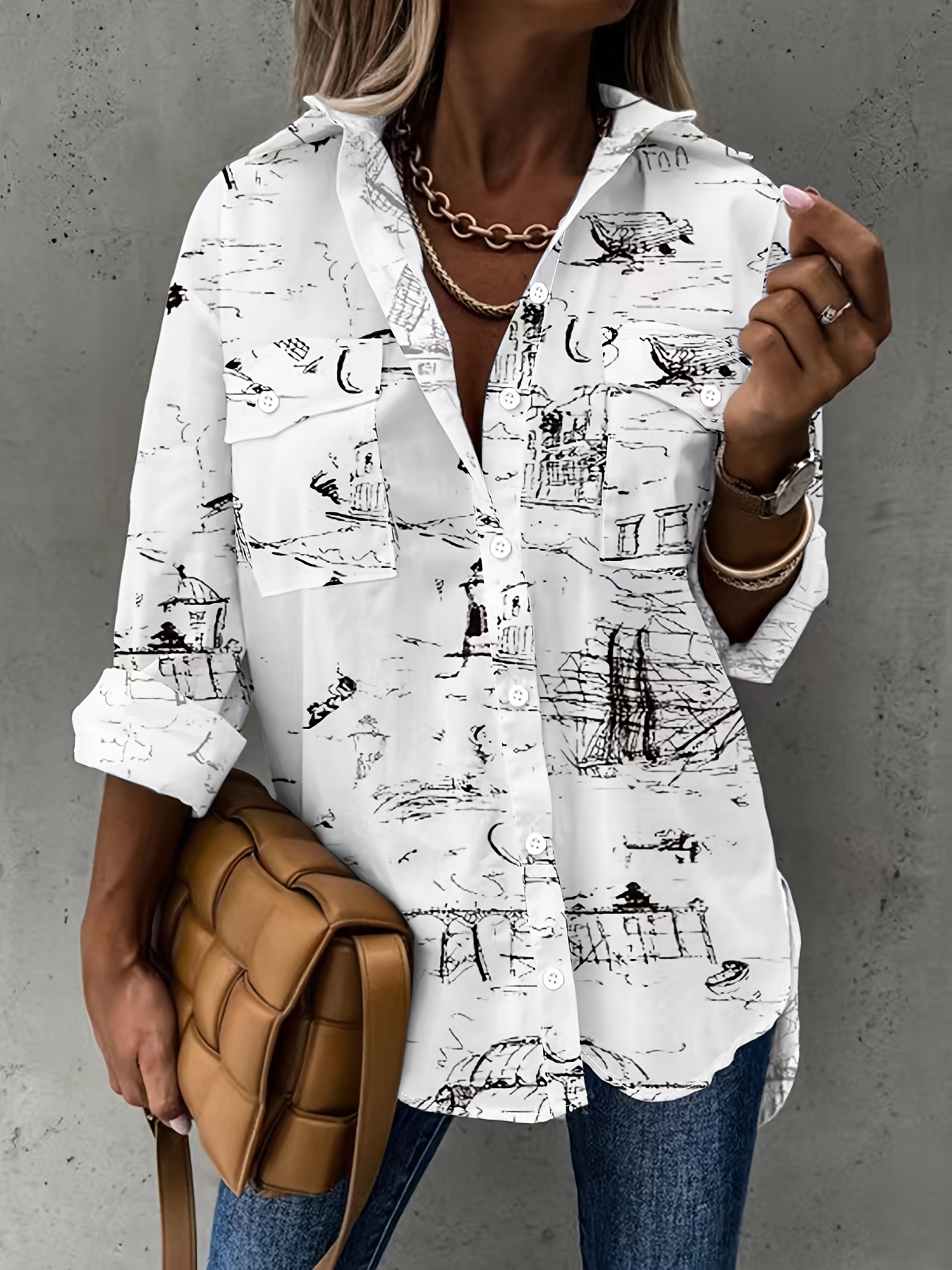 Women's Vintage Sketch Print Button Down Shirt – Casual Long Sleeve Blouse for Everyday Style