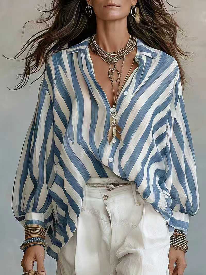 Women's Blue Striped Button Down Shirt Long Sleeve Casual Blouse Loose Fit Collared Shirt Oversized Tops for Office Travel Vacation Everyday Wear