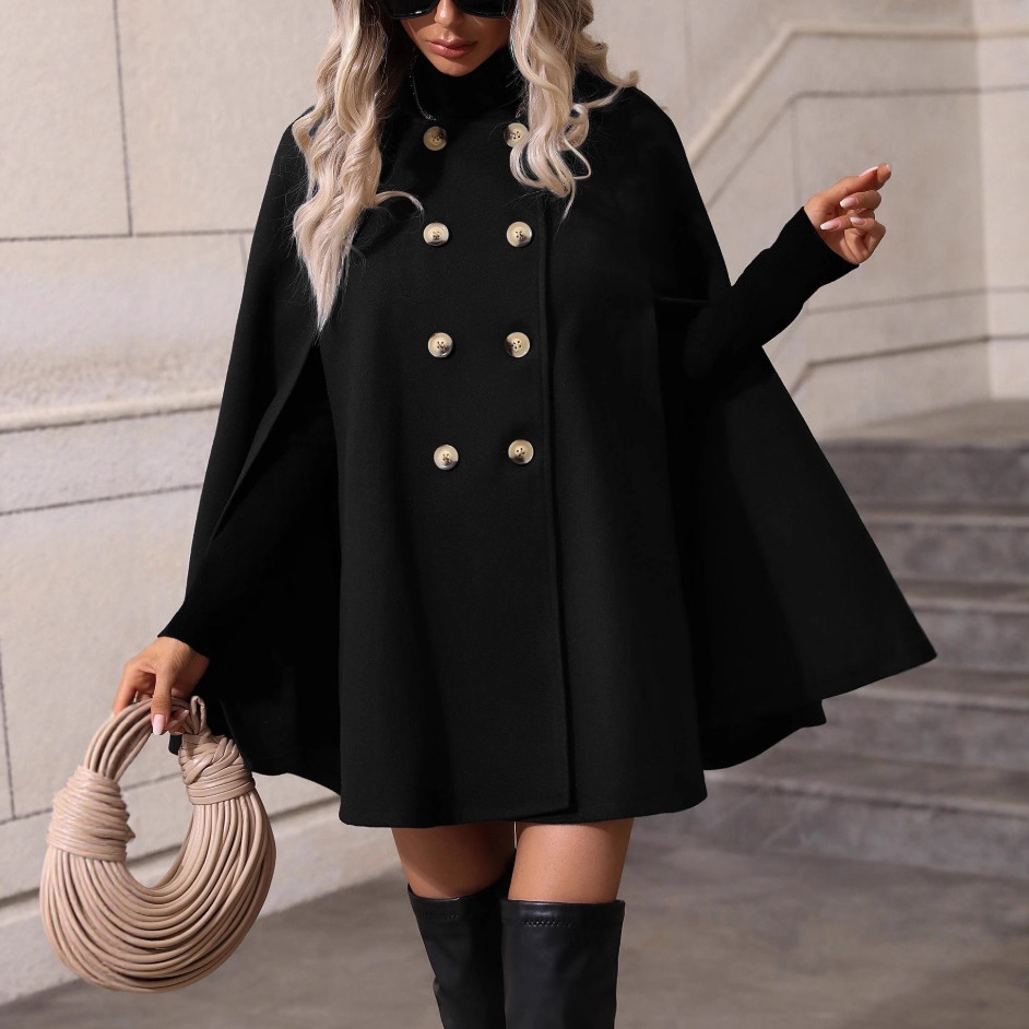 Women’s Double-Breasted Cape Coat – Elegant High Neck Poncho Jacket