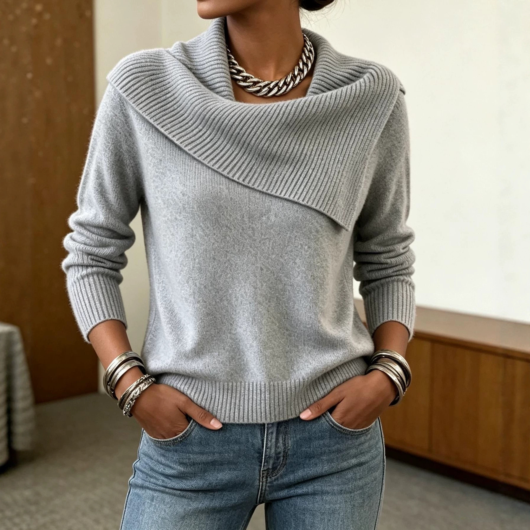 Women’s Cowl Neck Long Sleeve Sweater – Casual Soft Knit Pullover Top