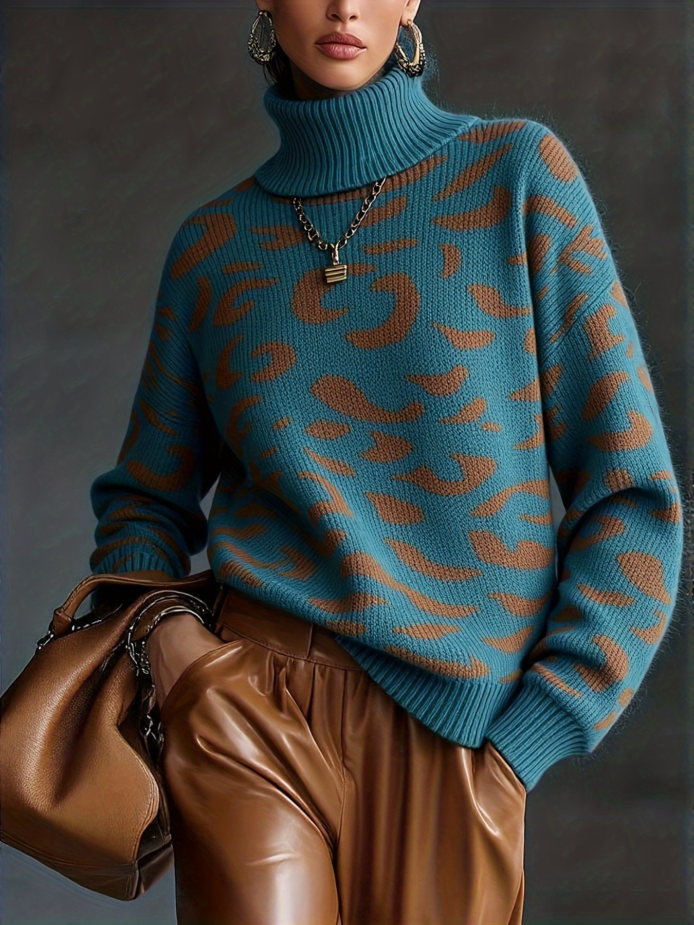 Women’s Leopard Pattern Turtleneck Sweater – Cozy Long Sleeve Knit Pullover Casual Winter Top