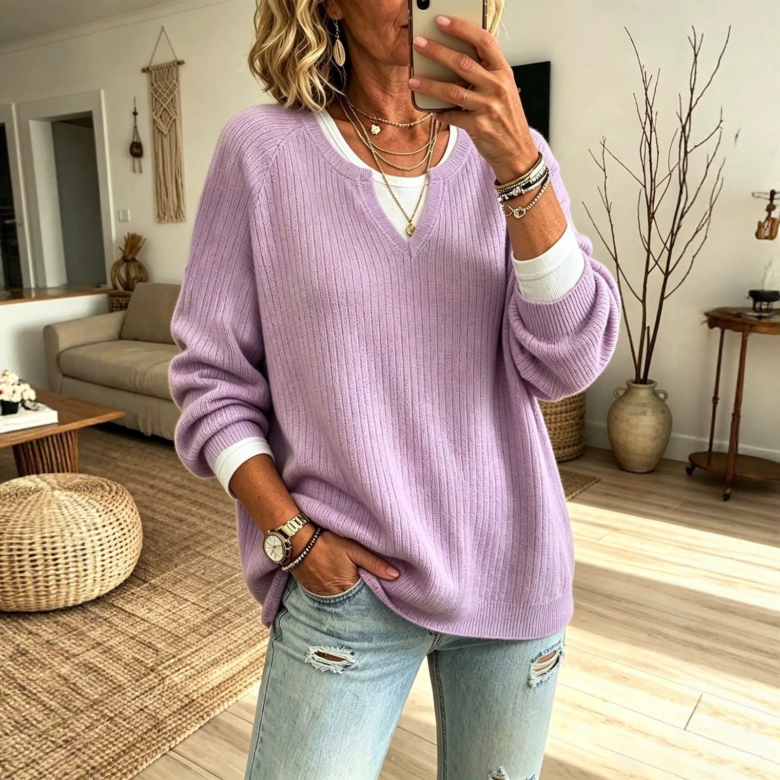 Women’s V-Neck Ribbed Knit Sweater