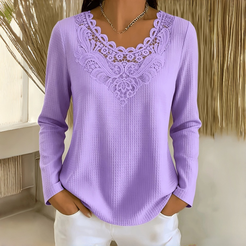 Women's Lace Detail V Neck Long Sleeve Knit Top – Elegant Ribbed Blouse with Crochet Neckline for Casual & Dressy Wear