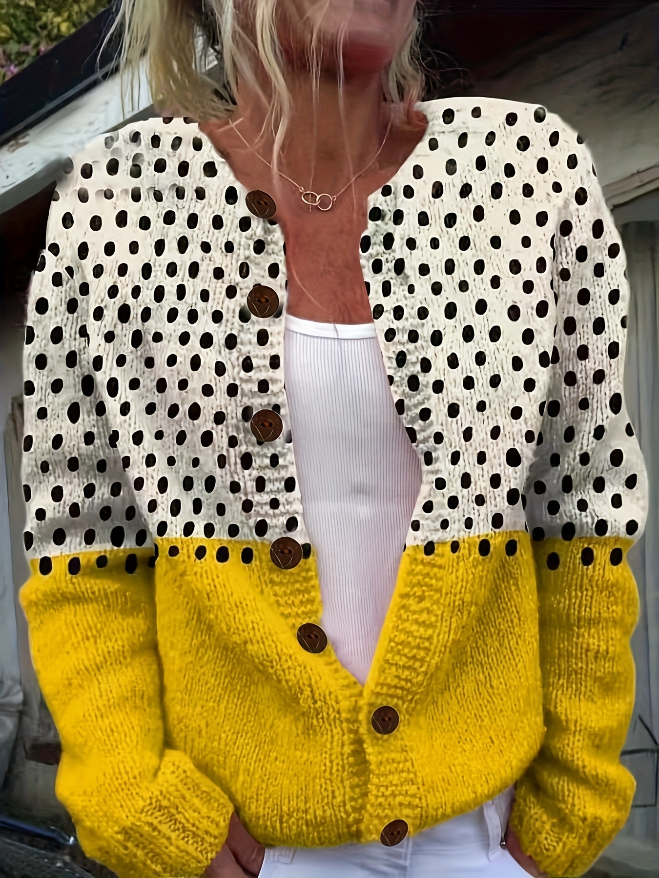 Women's Printed Knit Cardigan Sweater Long Sleeve Button Down Color Block Casual Lightweight Open Front Yellow White Polka Dot Tops