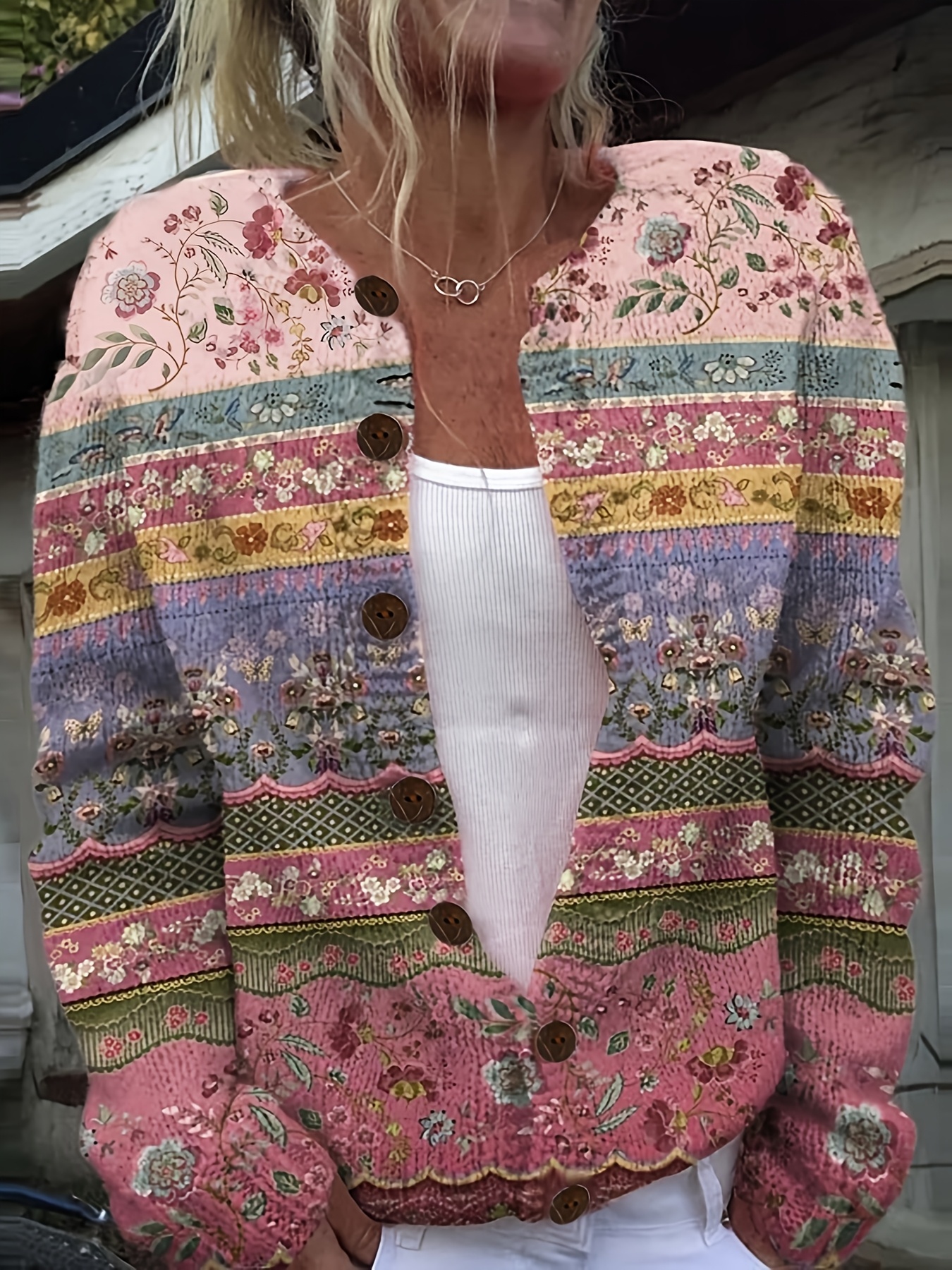 Women Bohemian Striped Floral Knit Cardigan Long Sleeve Button Front V Neck Retro Printed Sweater