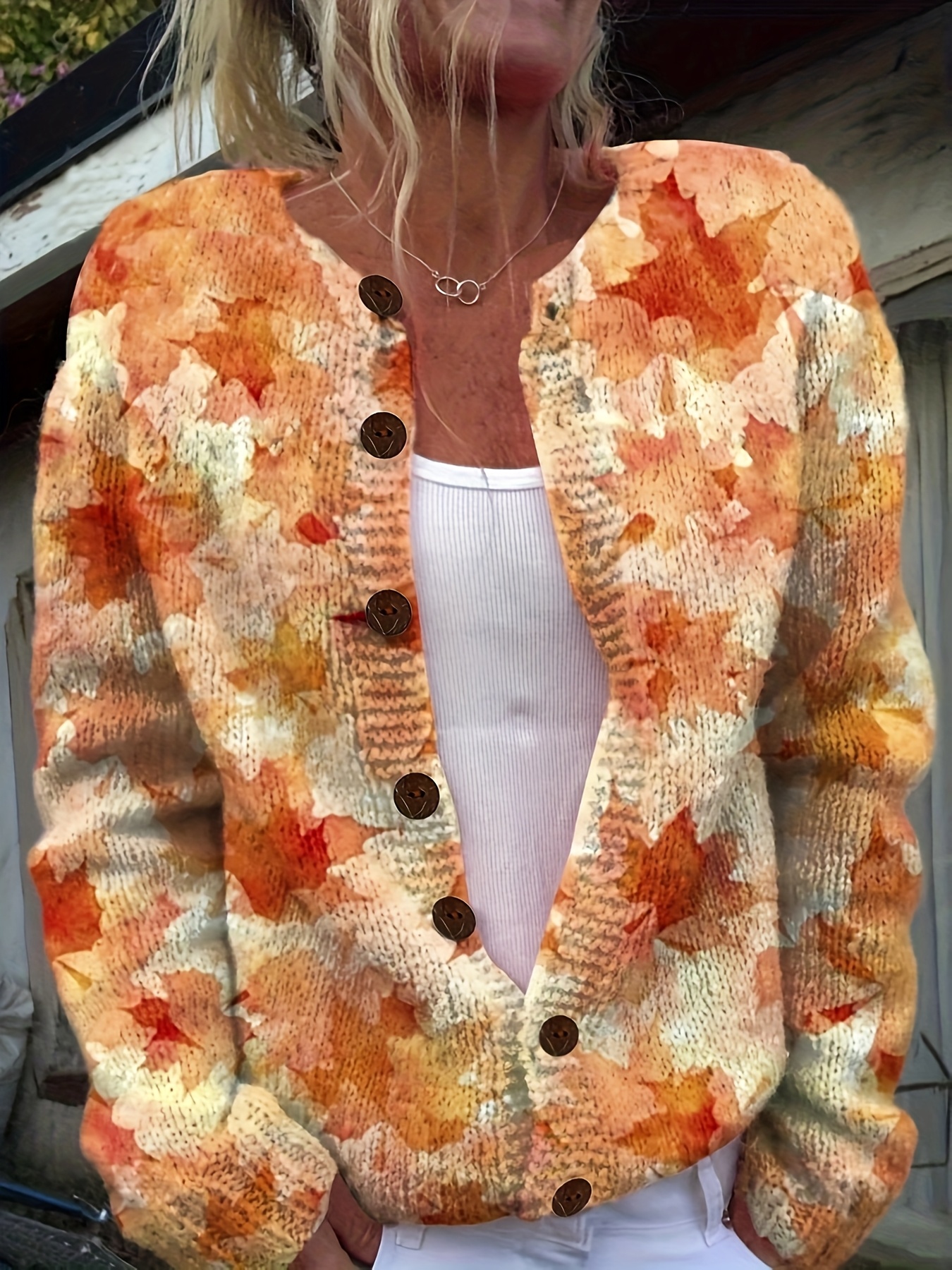 Women's Vintage Maple Leaf Print Knit Cardigan, Long Sleeve V Neck Button Down Loose Sweater Coat
