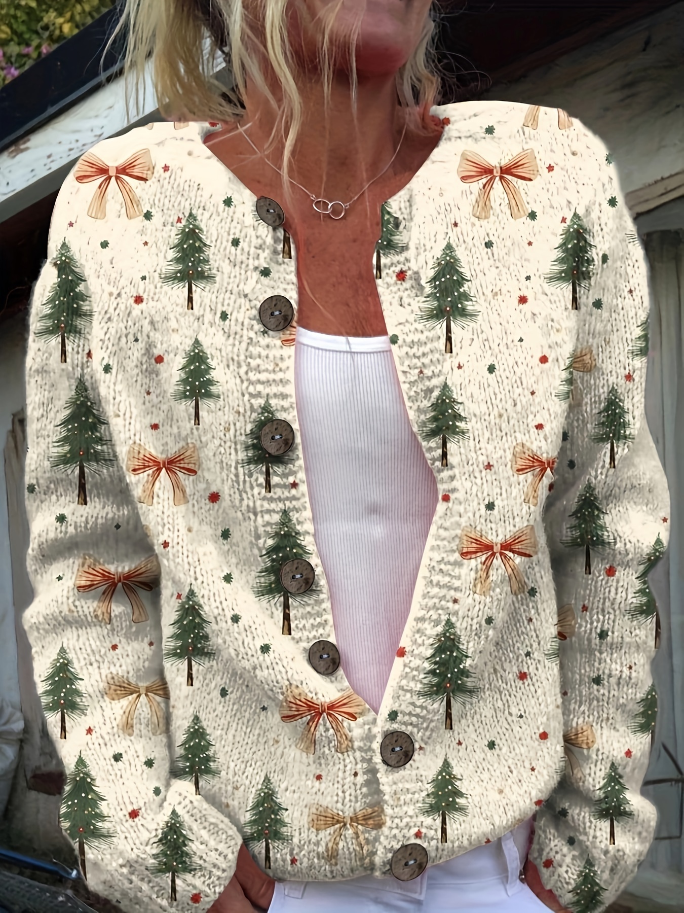 Women's Vintage Christmas Print Knit Cardigan, Long Sleeve V Neck Button Down Loose Sweater Coat
