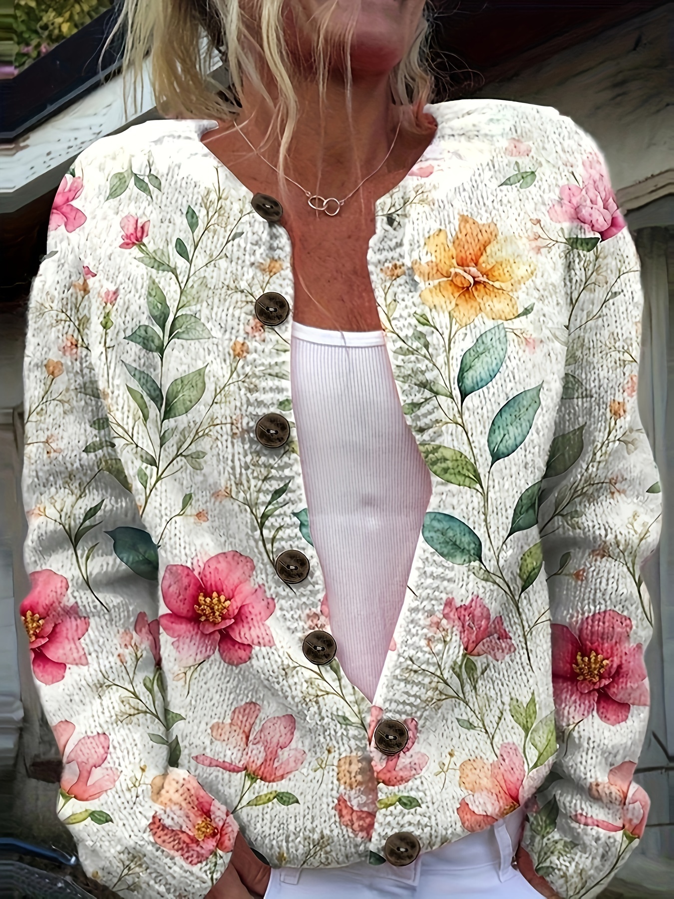 Women's Vintage Floral Print Knit Cardigan, Long Sleeve V Neck Button Down Loose Sweater Coat