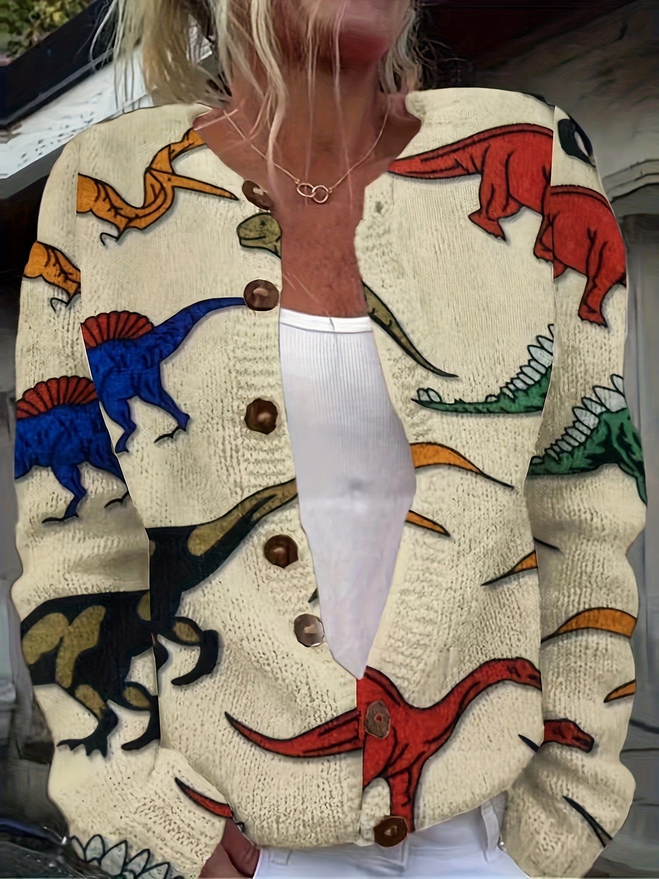 Women's Vintage Dinosaur Print Knit Cardigan, Long Sleeve V Neck Button Down Loose Sweater Coat