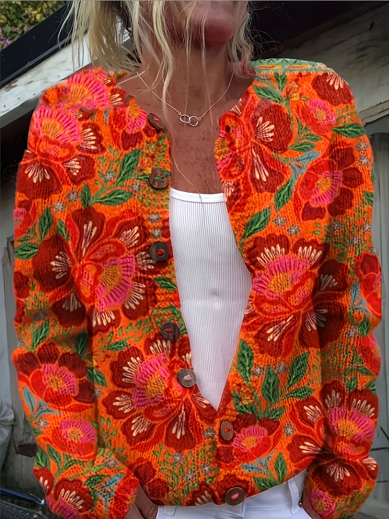 Women's Vintage Floral Print Knit Cardigan, Long Sleeve V Neck Button Down Loose Boho Sweater Coat