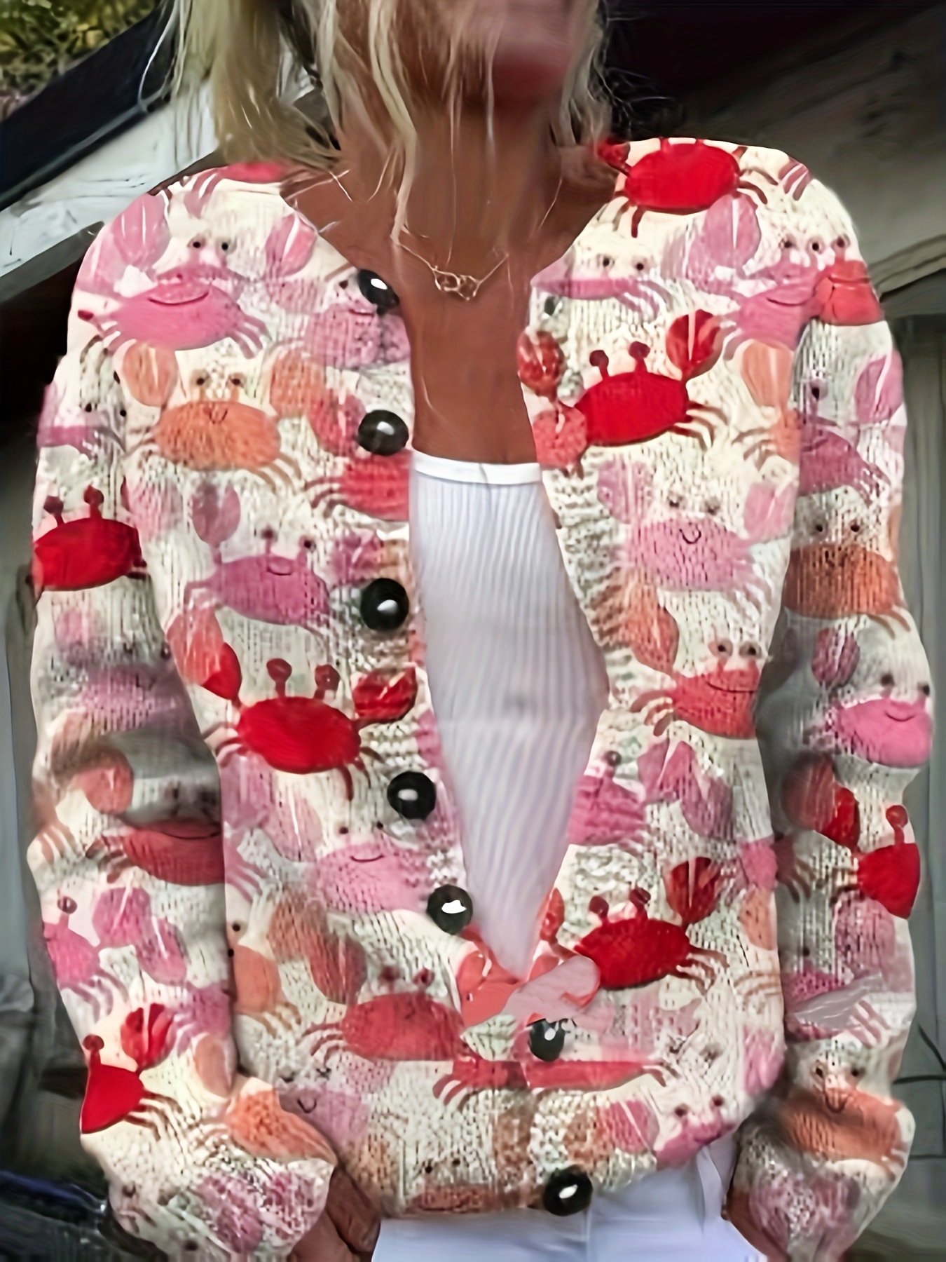 Women's Cute Crab Print Knit Cardigan, Long Sleeve V Neck Button Down Loose Casual Sweater Coat