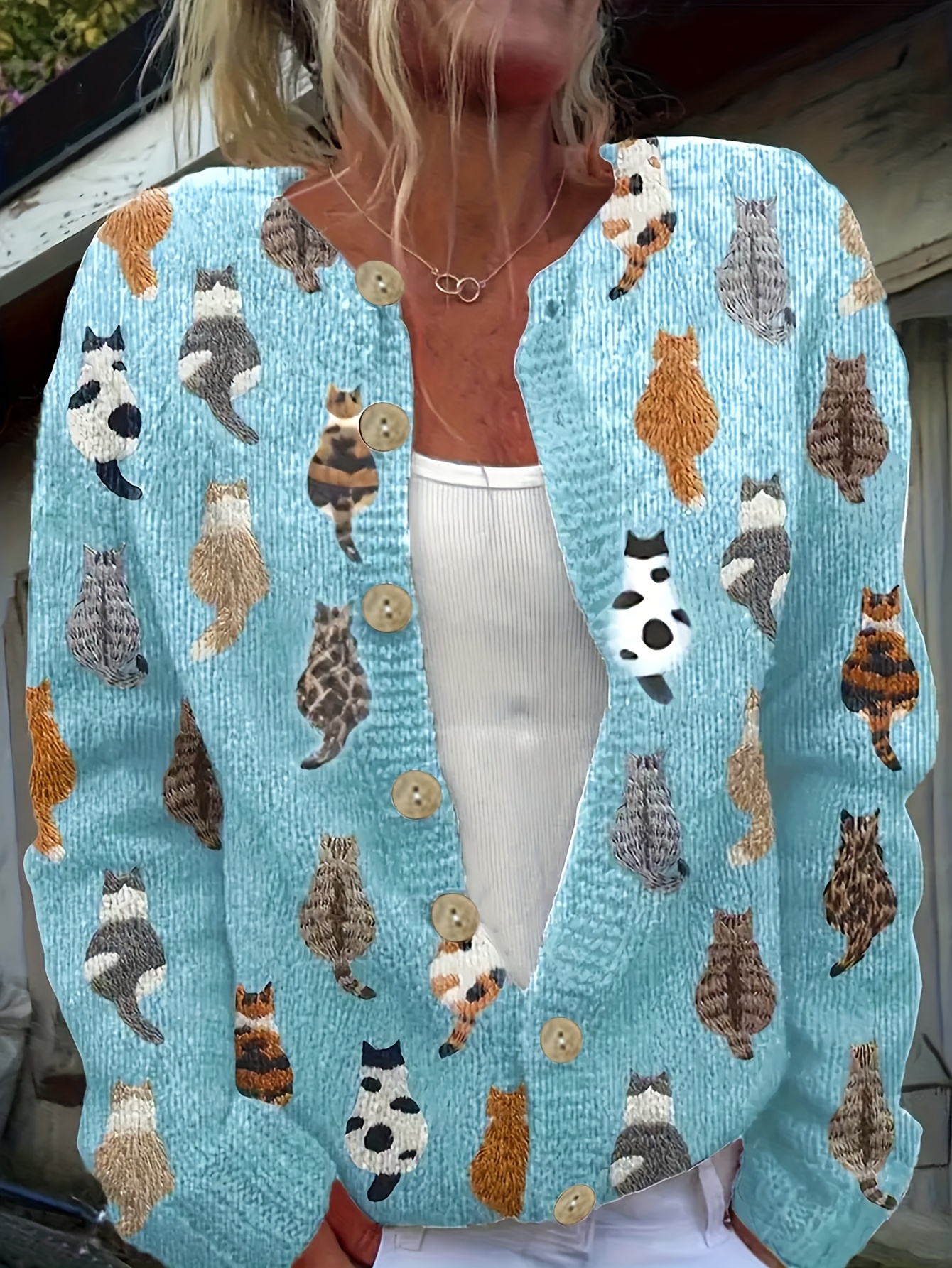 Women's Blue Cat Print Knit Cardigan, Long Sleeve V Neck Button Down Loose Casual Sweater Coat