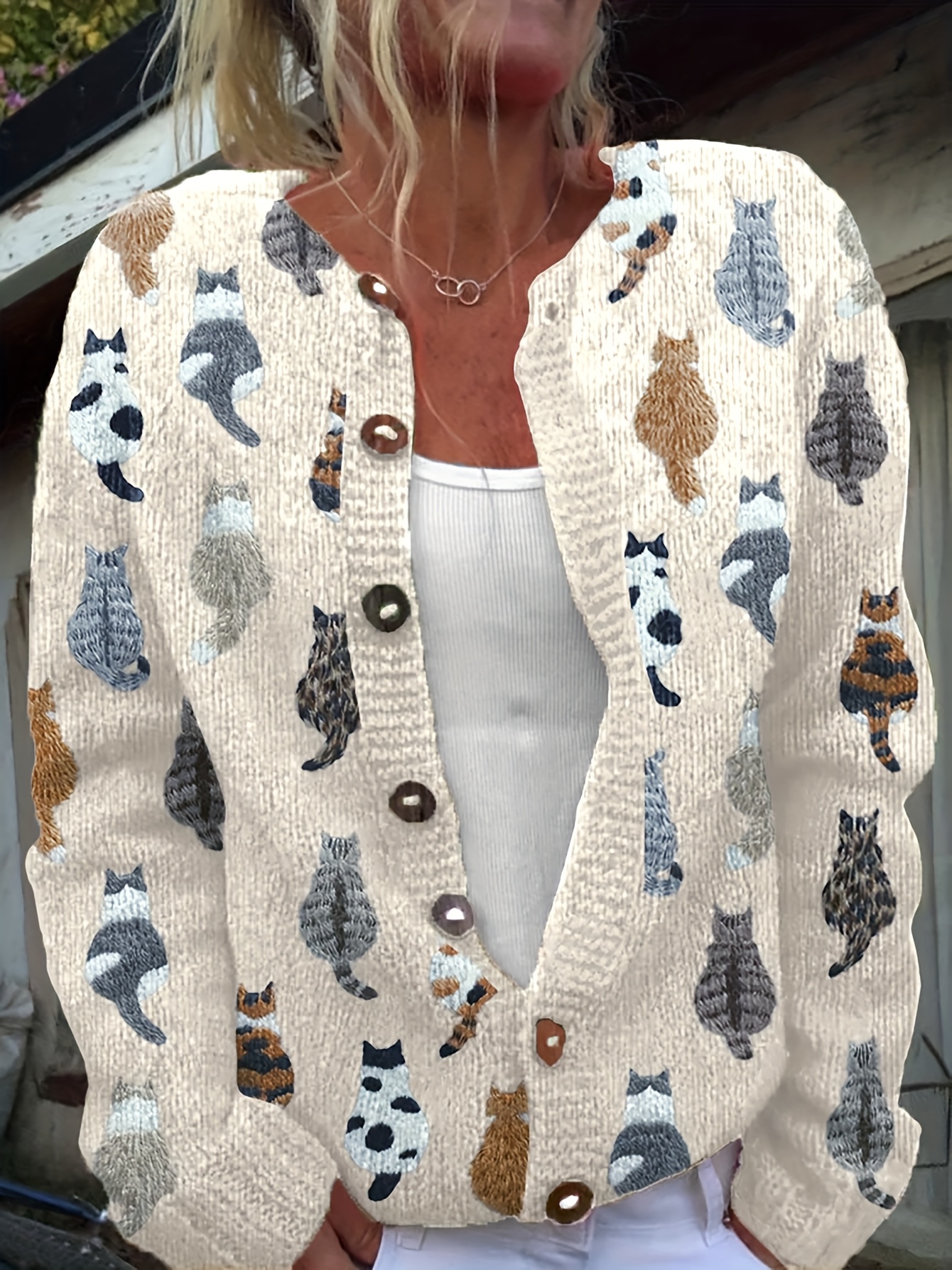 Women's Cat Print Knit Cardigan, Long Sleeve V Neck Button Down Loose Casual Sweater Coat