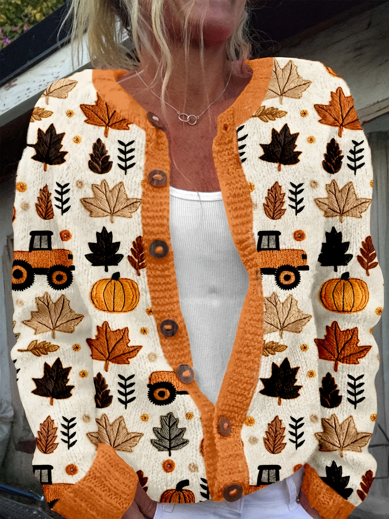 Women's Fall Pumpkin Maple Leaf Tractor Print Knit Cardigan, Long Sleeve V Neck Button Down Loose Autumn Sweater Coat
