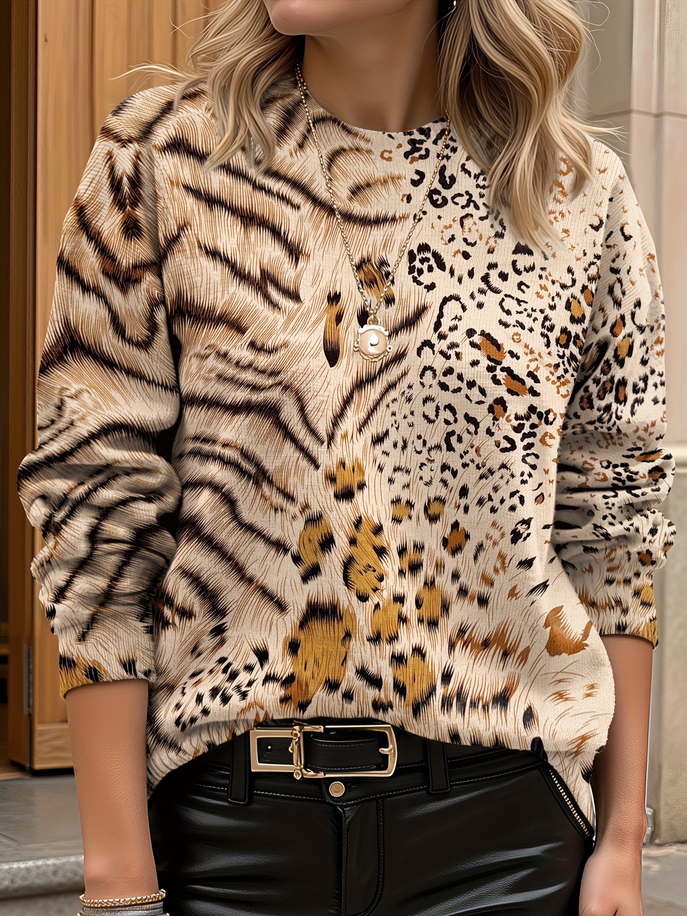 Women's Animal Print Sweater Long Sleeve Knit Top Casual Loose Fit Crew Neck Pullover Shirt Fall Winter Fashion